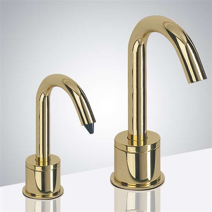 Wella Hospitality Goose Neck Shiny Gold Finish Freestanding Dual Commercial Sensor Faucet And Soap Dispenser