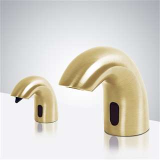 Luna Solid Brass  Brushed Gold Finish Deck Mount Dual Commercial Sensor Faucet And Soap Dispenser