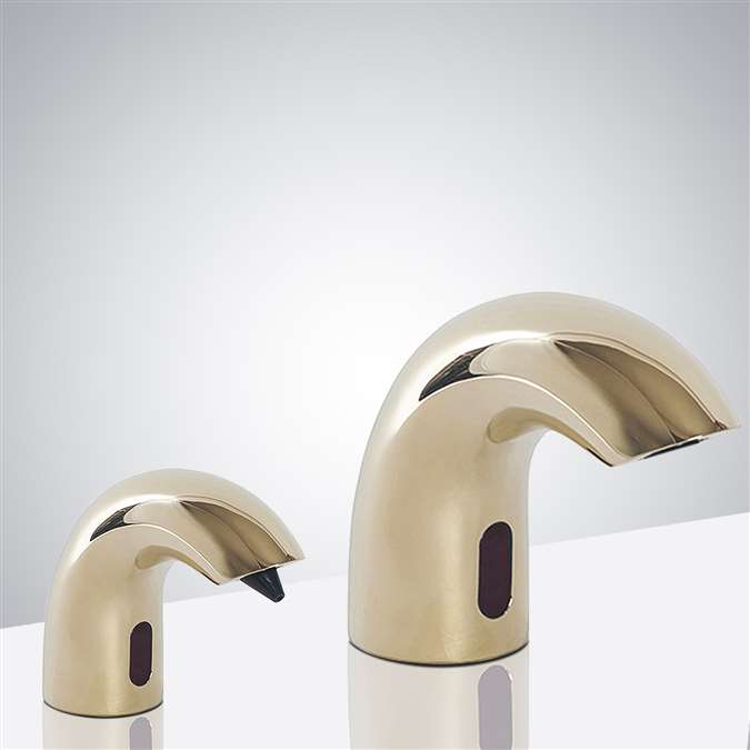 Olivo Hospitality Contemporary Style Shiny Gold Finish Deck Mount Dual Commercial Sensor Faucet And Soap Dispenser