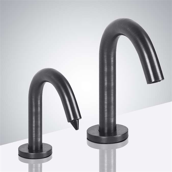 Trio Goose Neck Commercial Contemporary Style Antique Pewter Finish Dual Sensor Faucet And Soap Dispenser