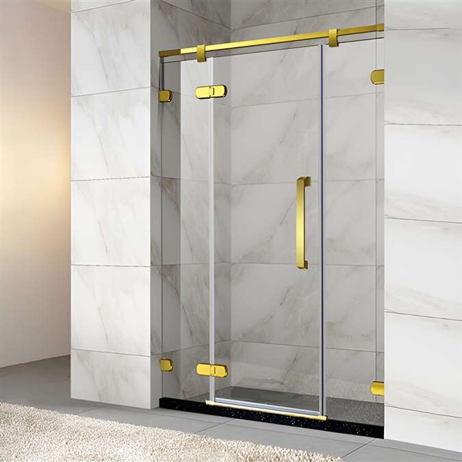 Frameless Sliding Shower Door With Gold Finish Hinges And Handle