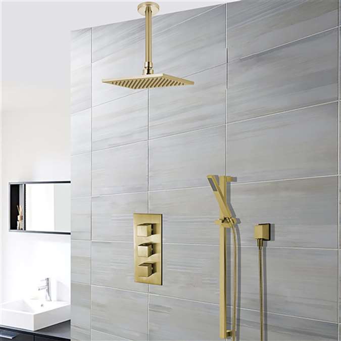 Square Brushed Gold Rain Shower System Faucet Set 2 Outlets 12" Ceiling Head & Handset