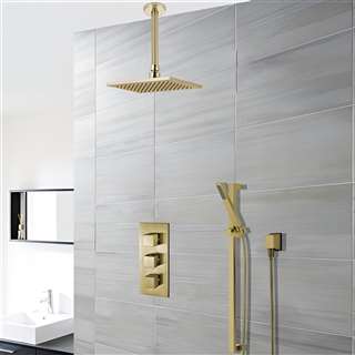 Square Hotel Brushed Gold Rain Shower System Faucet Set 2 Outlets 12" Ceiling Head & Handset