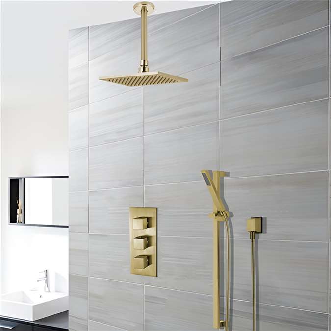 Square Hotel Brushed Gold Rain Shower System Faucet Set 2 Outlets 12" Ceiling Head & Handset