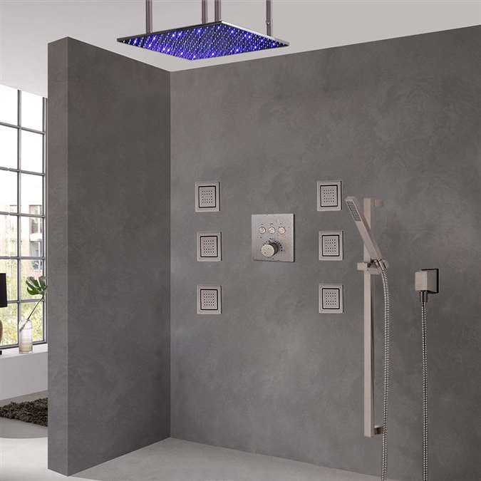 BathSelect Brushed Nickel Ceiling Mount LED Rainfall Shower Set With Thermostat Mixer Jet Spray and Slidebar Handshower