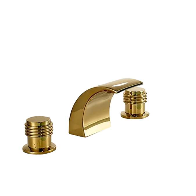 Waterfall 3 Holes Basin Faucet Gold Finish Sink Mixer Tap with LED Light