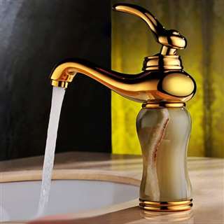 Luxury Gold Plated Jade Bathroom Vessel Sink Faucet Single Handle Mixer Tap