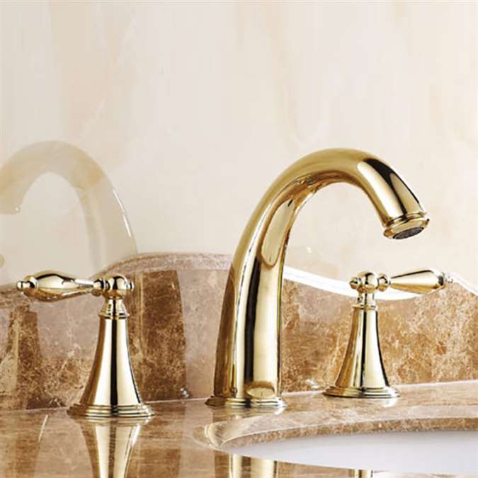 Gold Finish Widespread 3 Holes Sink Mixer Tap Double Knobs Bath Sink Faucet